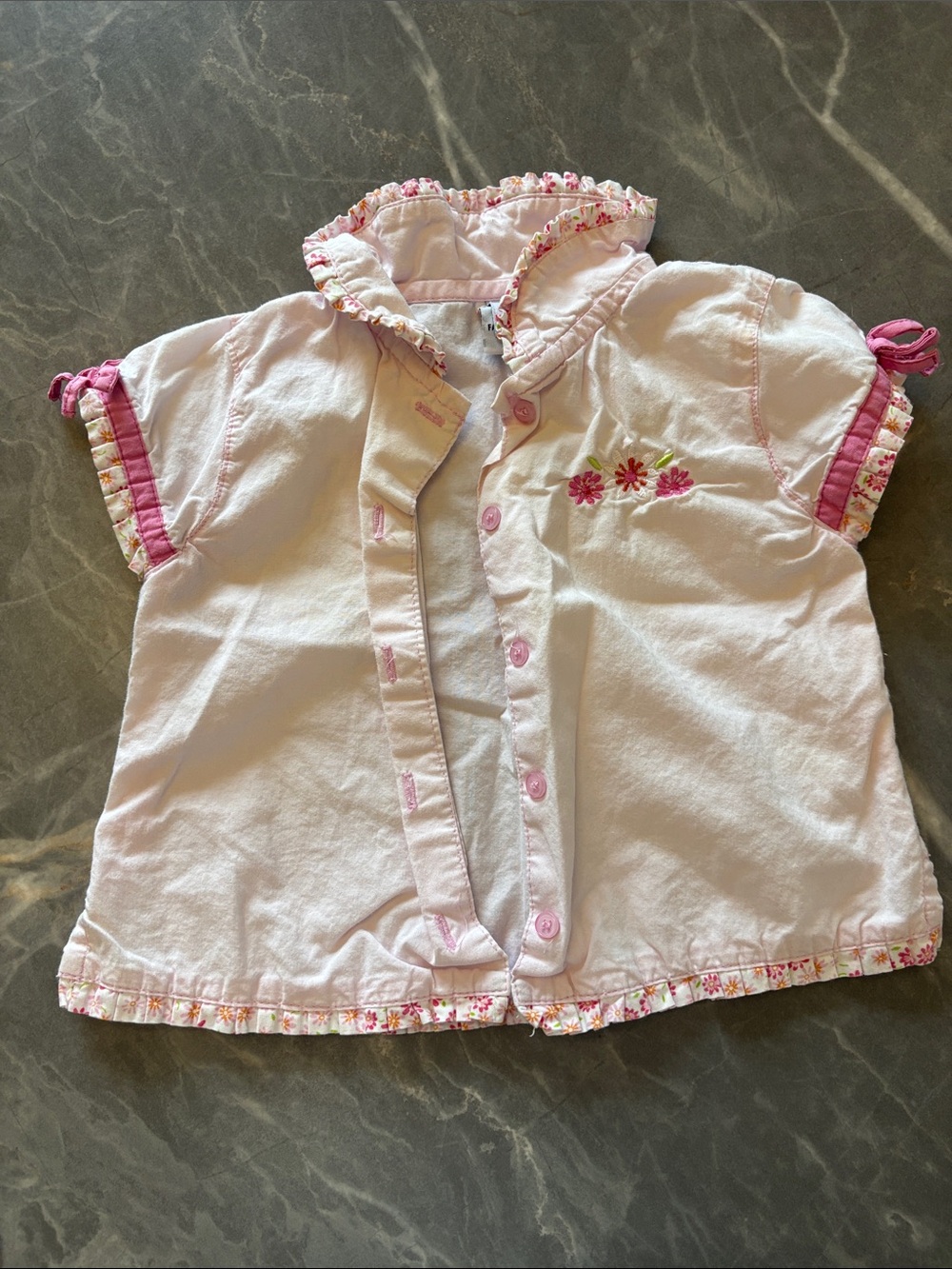 Girls' Pink Short Sleeve Button-Front Shirt with Floral Trim